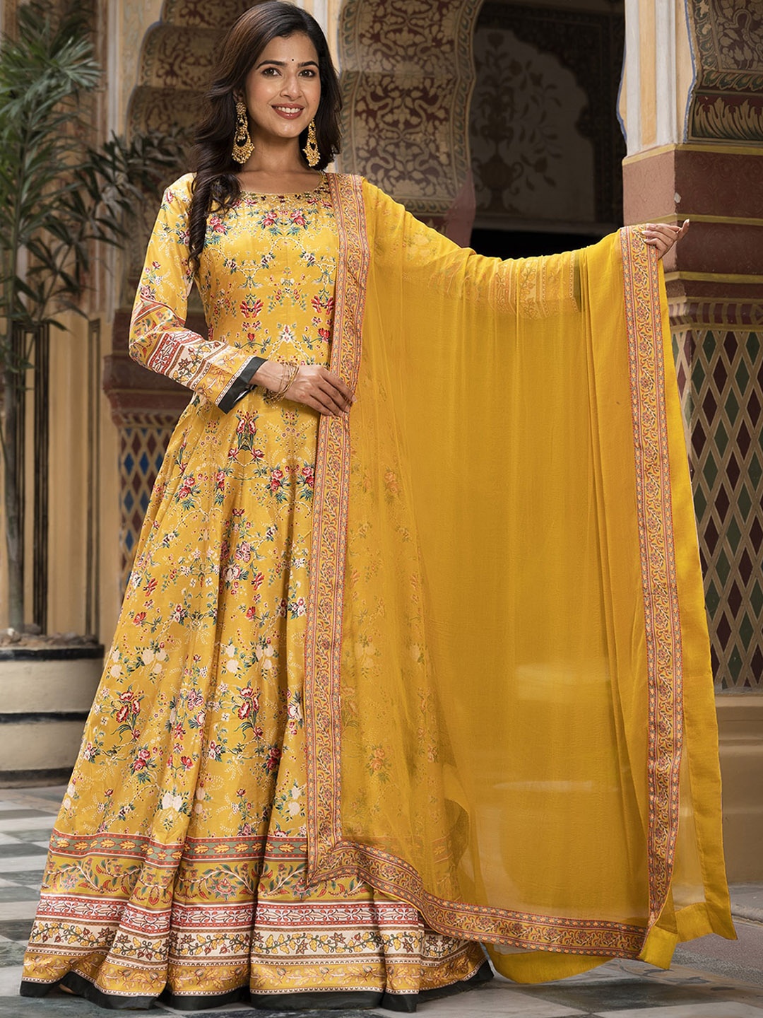 

ODETTE Ethnic Motifs Printed Flared Sleeves Flared Silk Anarkali Kurta With Dupatta, Yellow