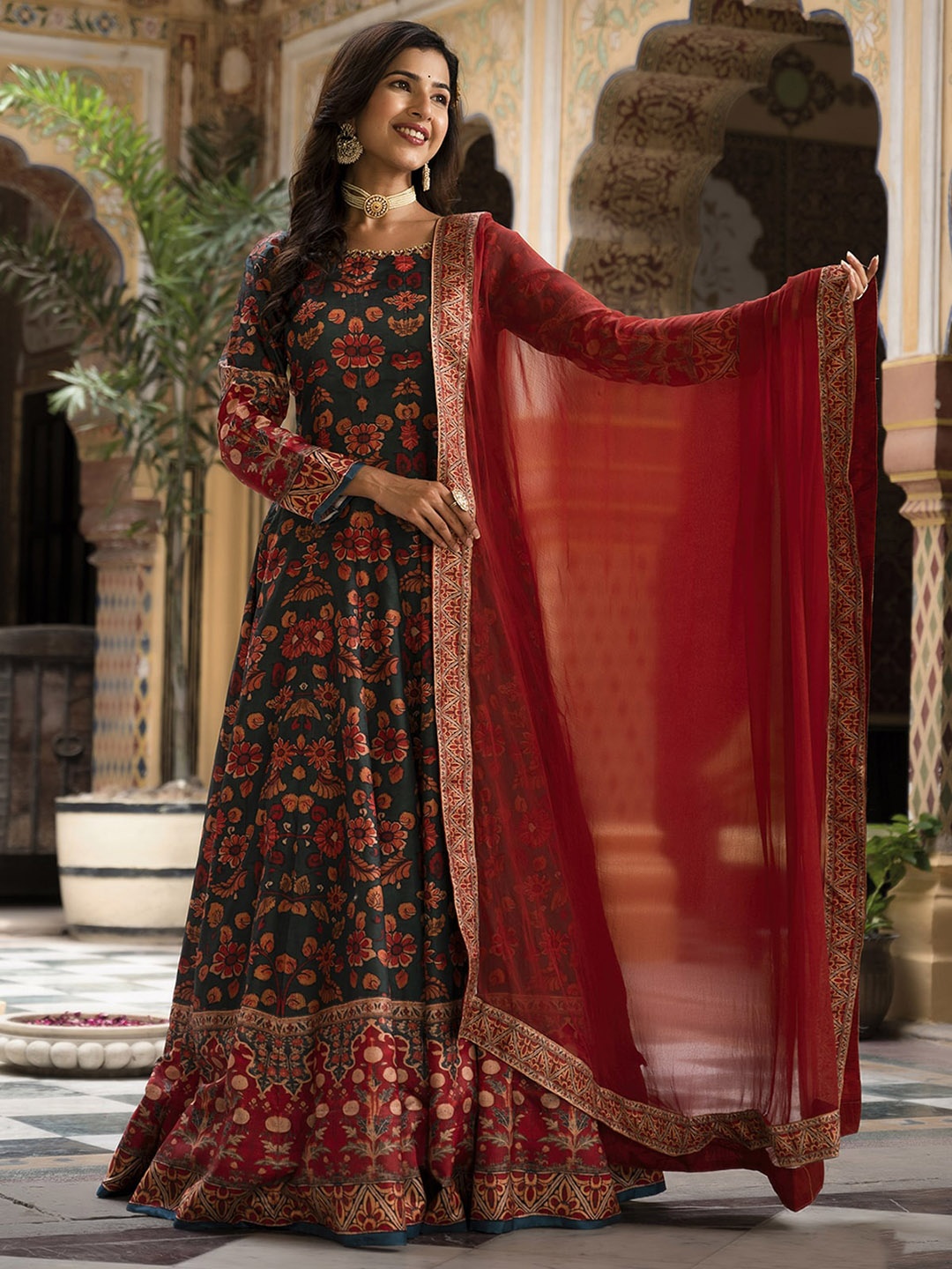 

ODETTE Floral Printed Sequinned Round Neck Flared Silk Anarkali Kurta With Dupatta, Green