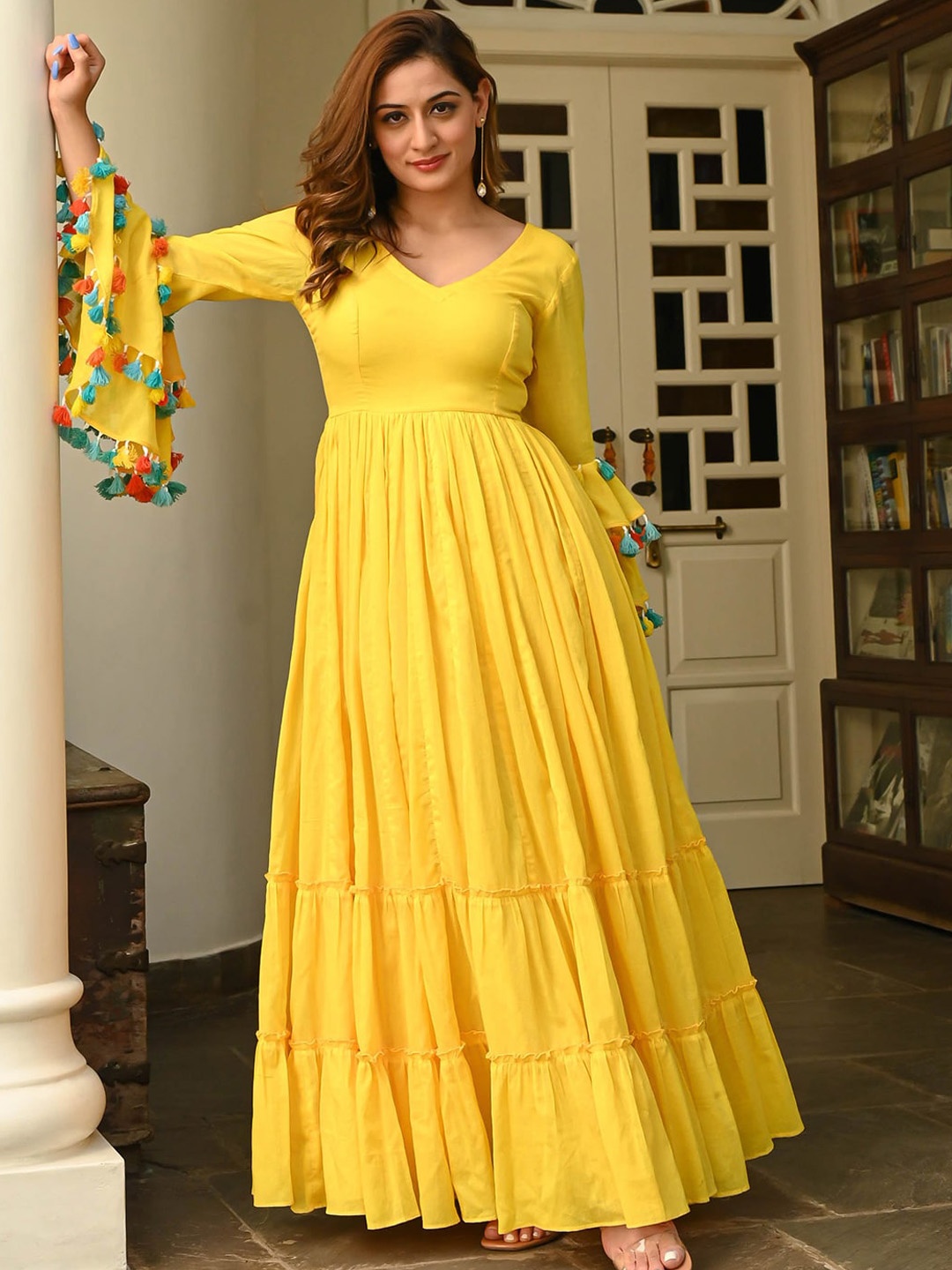 

KALINI Printed Round Neck Three-Quarter Sleeves A-Line Cotton Kurta, Yellow