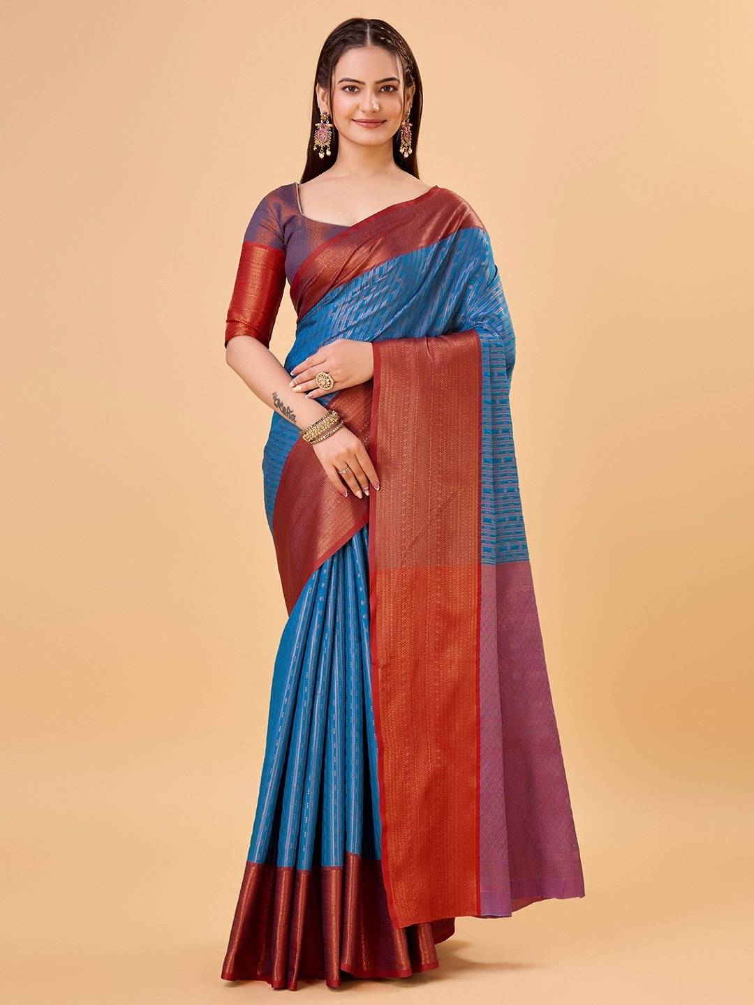 

bansari textiles Woven Design Banarasi Zari Saree, Teal