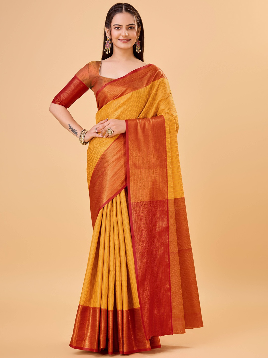 

bansari textiles Woven Design Banarasi Zari Saree, Yellow