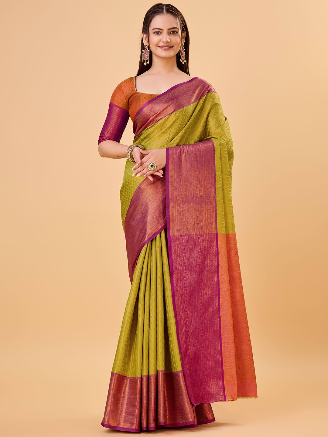 

bansari textiles Woven Design Banarasi Zari Saree, Lime green