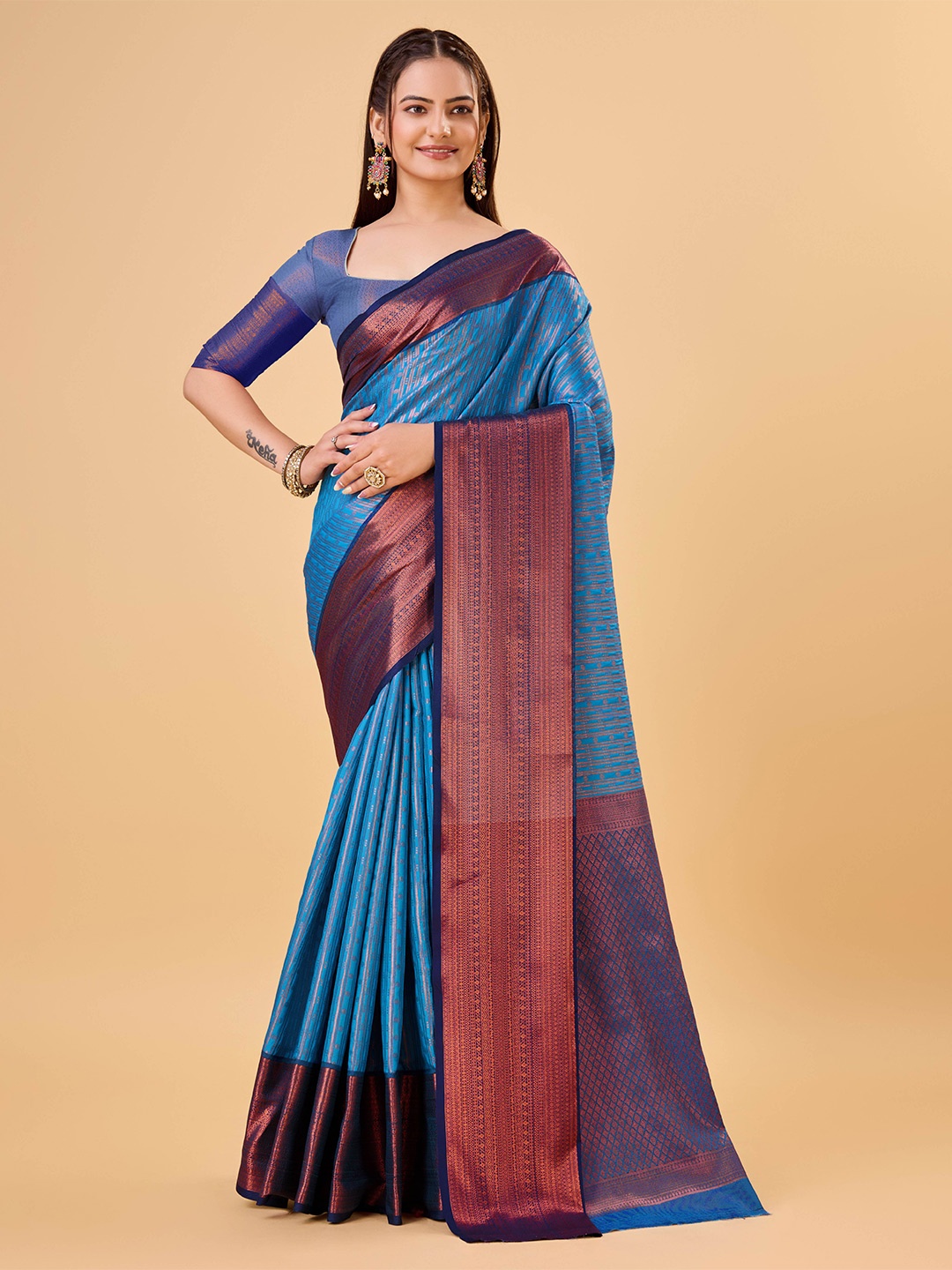 

bansari textiles Woven Design Banarasi Zari Saree, Turquoise blue