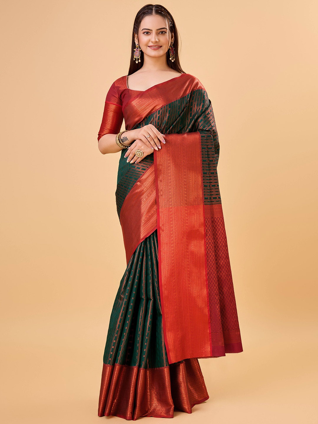 

bansari textiles Woven Design Banarasi Zari Saree, Green