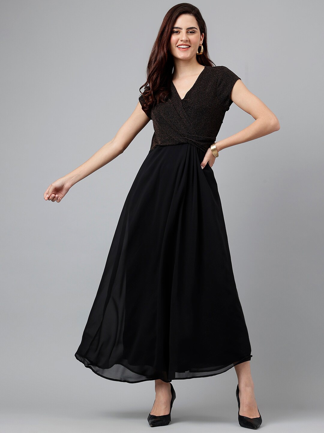 

Latin Quarters V-Neck Short Sleeves Gathered Nylon Maxi Dress, Black