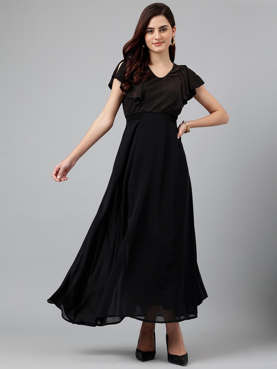 

Latin Quarters V-Neck Flutter Sleeves Nylon Maxi Dress, Black