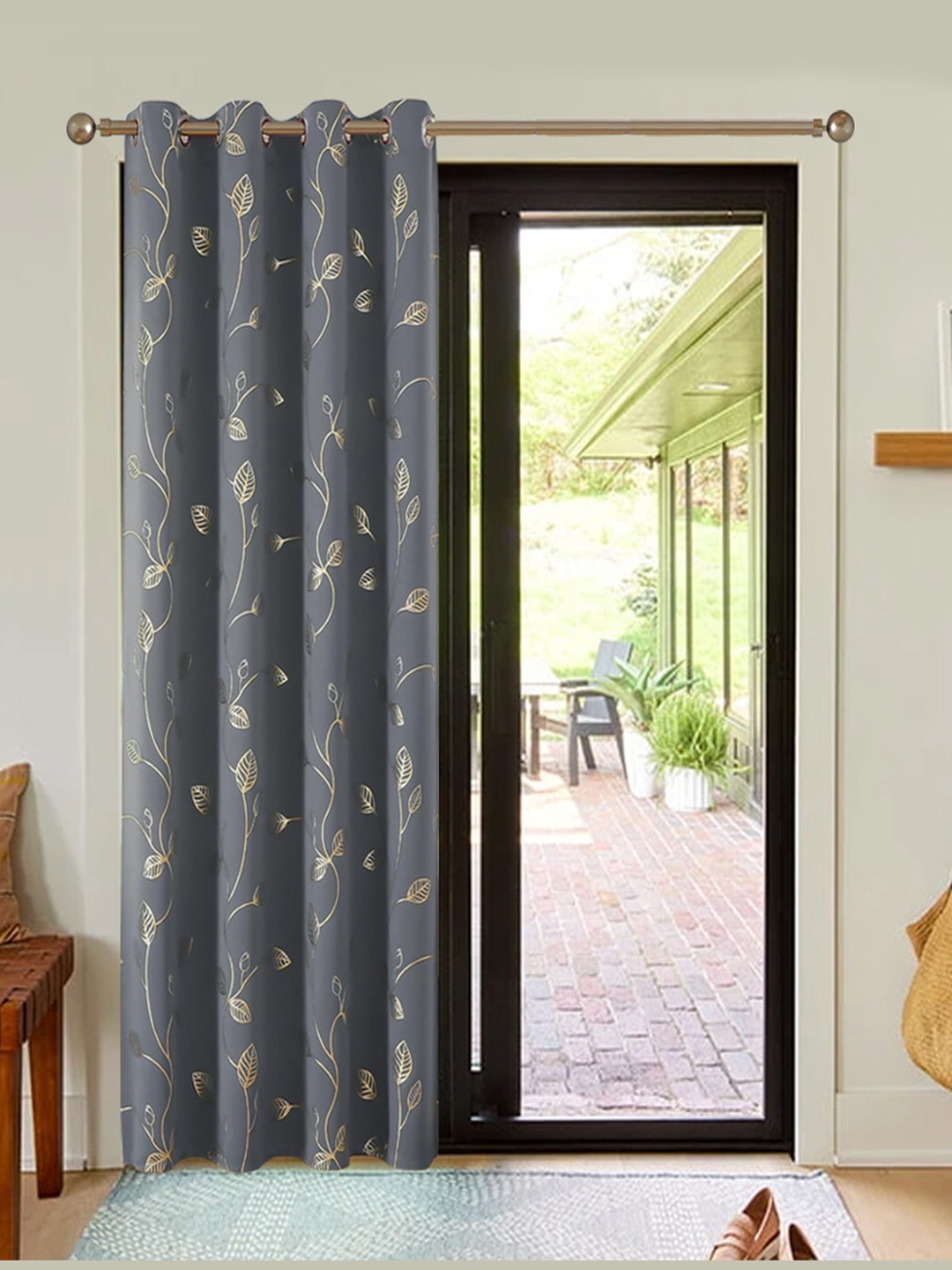 

URBAN SPACE Grey & Beige Floral Printed Black Out Window Curtain