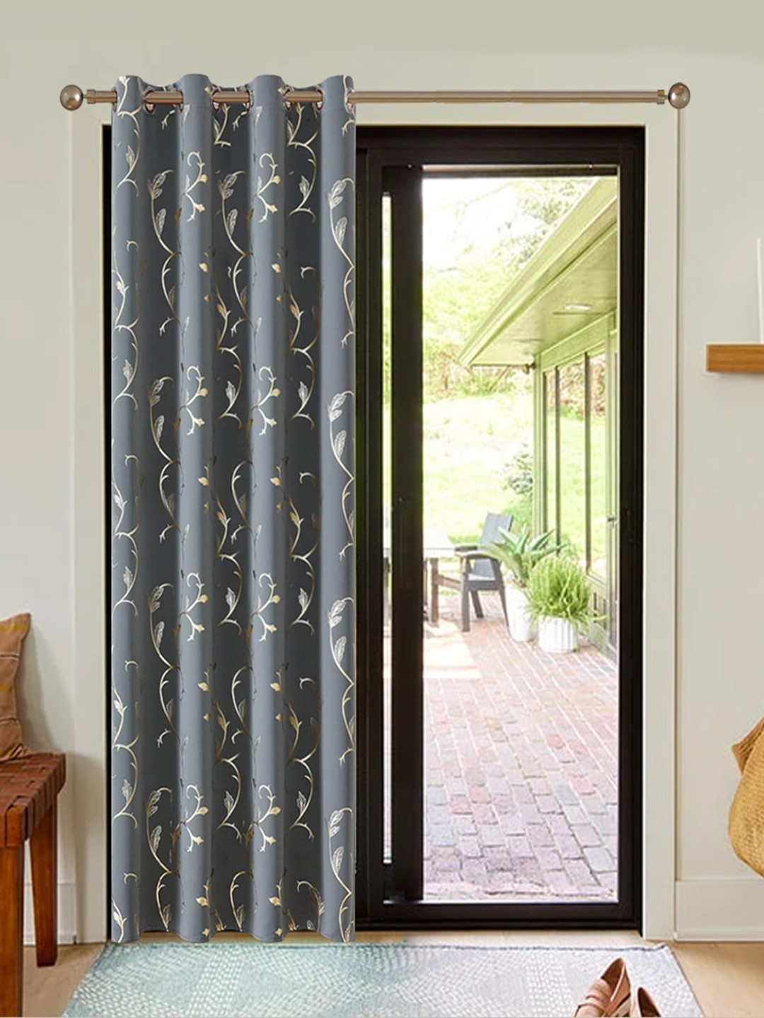 

URBAN SPACE Grey & Gold-Toned Floral Printed Black Out Window Curtain