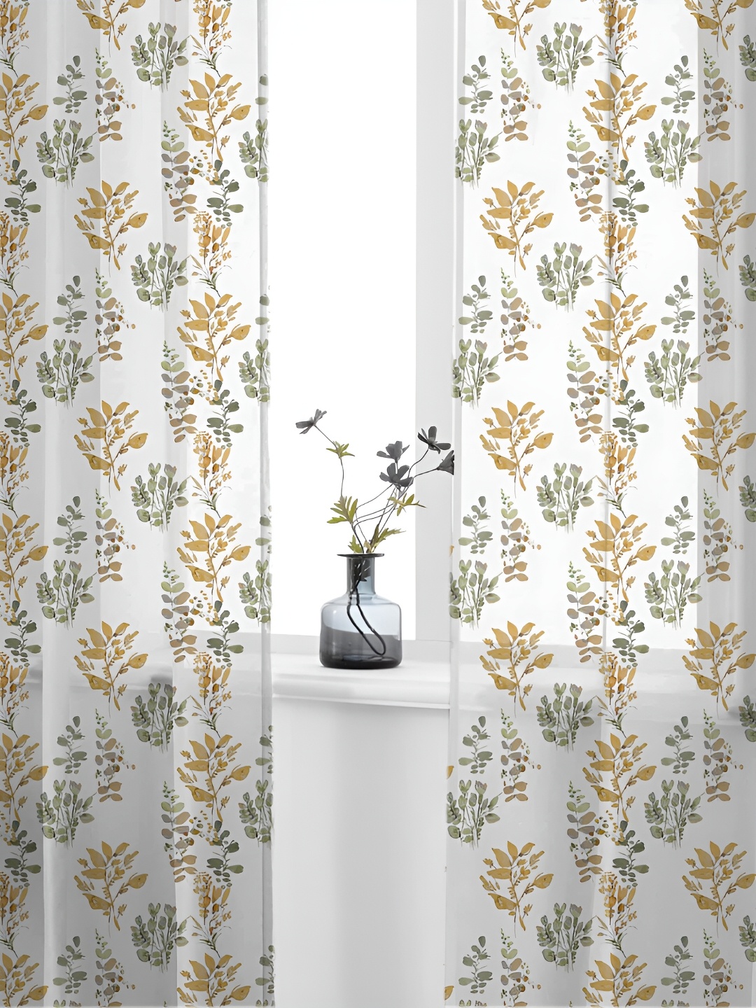 

URBAN SPACE White & Yellow 2 Pieces Floral Printed Sheer Door Curtains