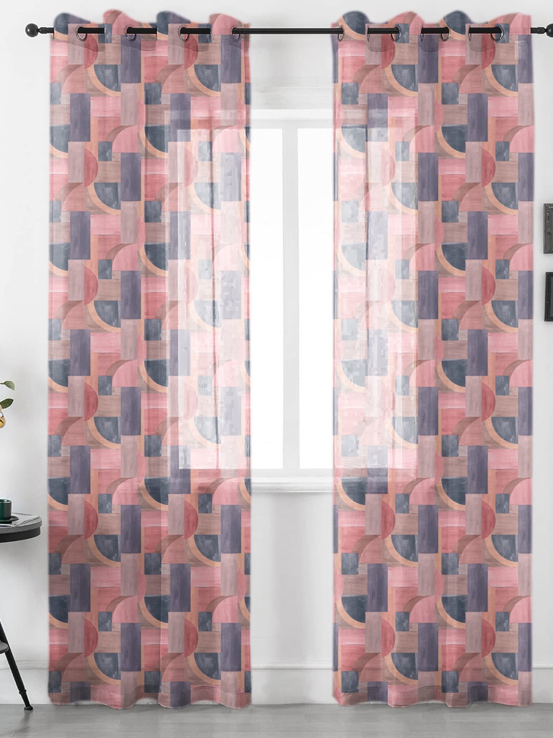 

URBAN SPACE Pink & Blue 2 Pieces Geometric Printed Sheer Door Curtains