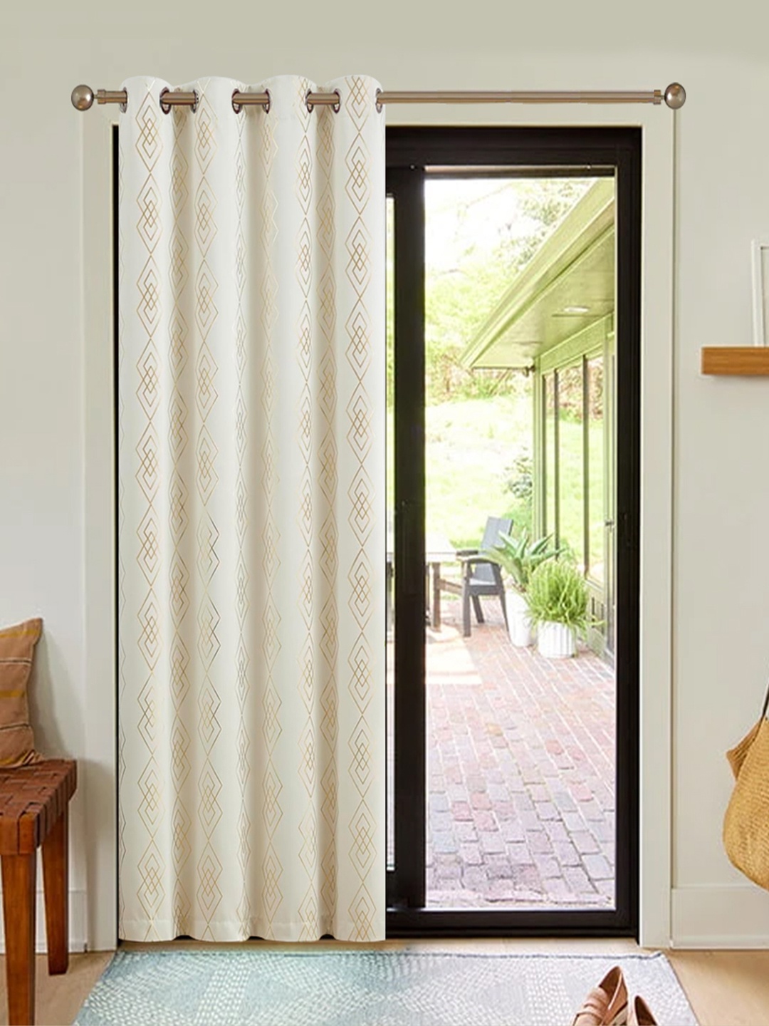 

URBAN SPACE Beige & Cream Coloured Geometric Printed Black Out Window Curtain