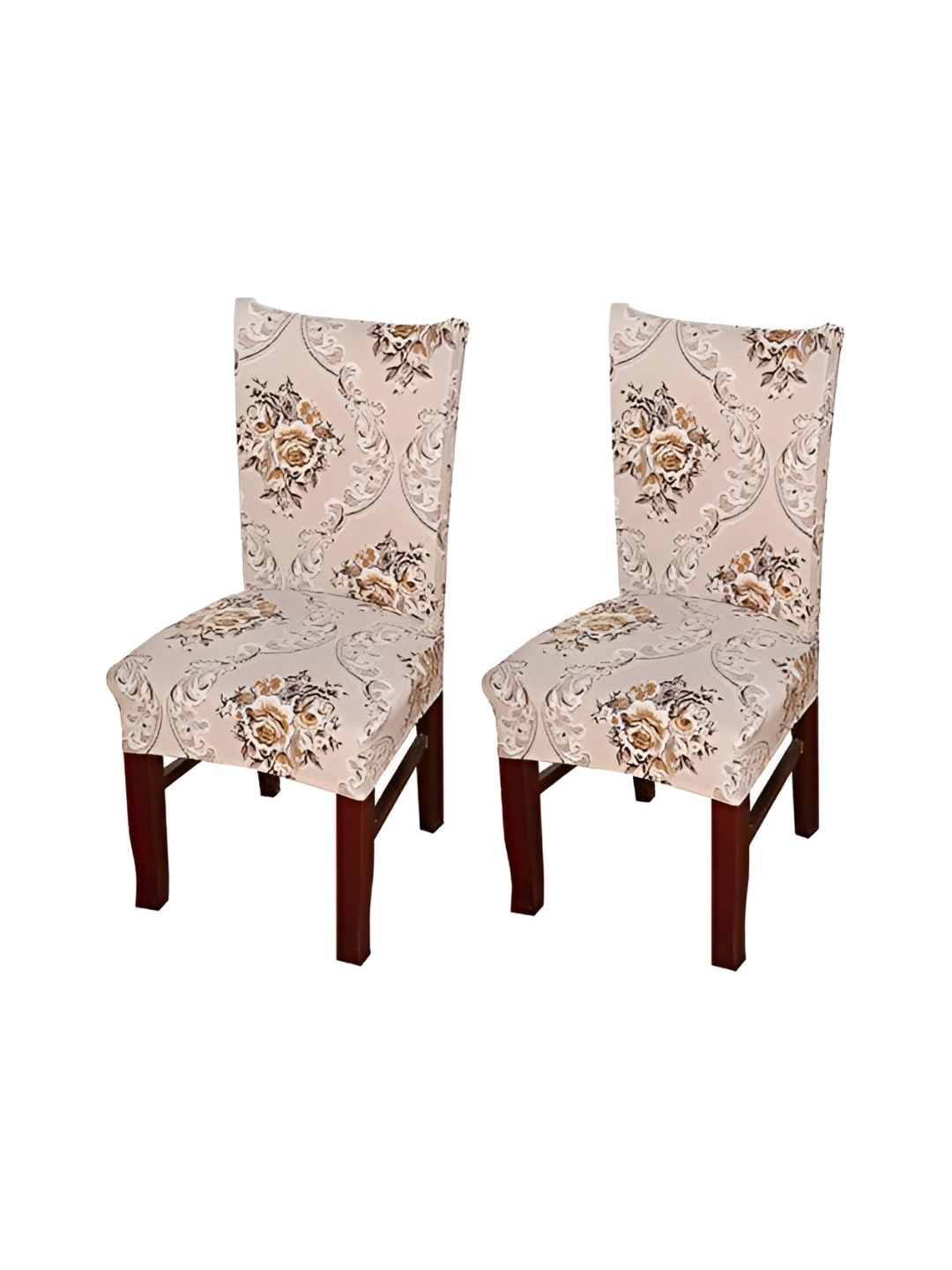 

HOUSE OF QUIRK 2 Pieces Beige & Brown Printed Stretchable Chair Covers, Cream