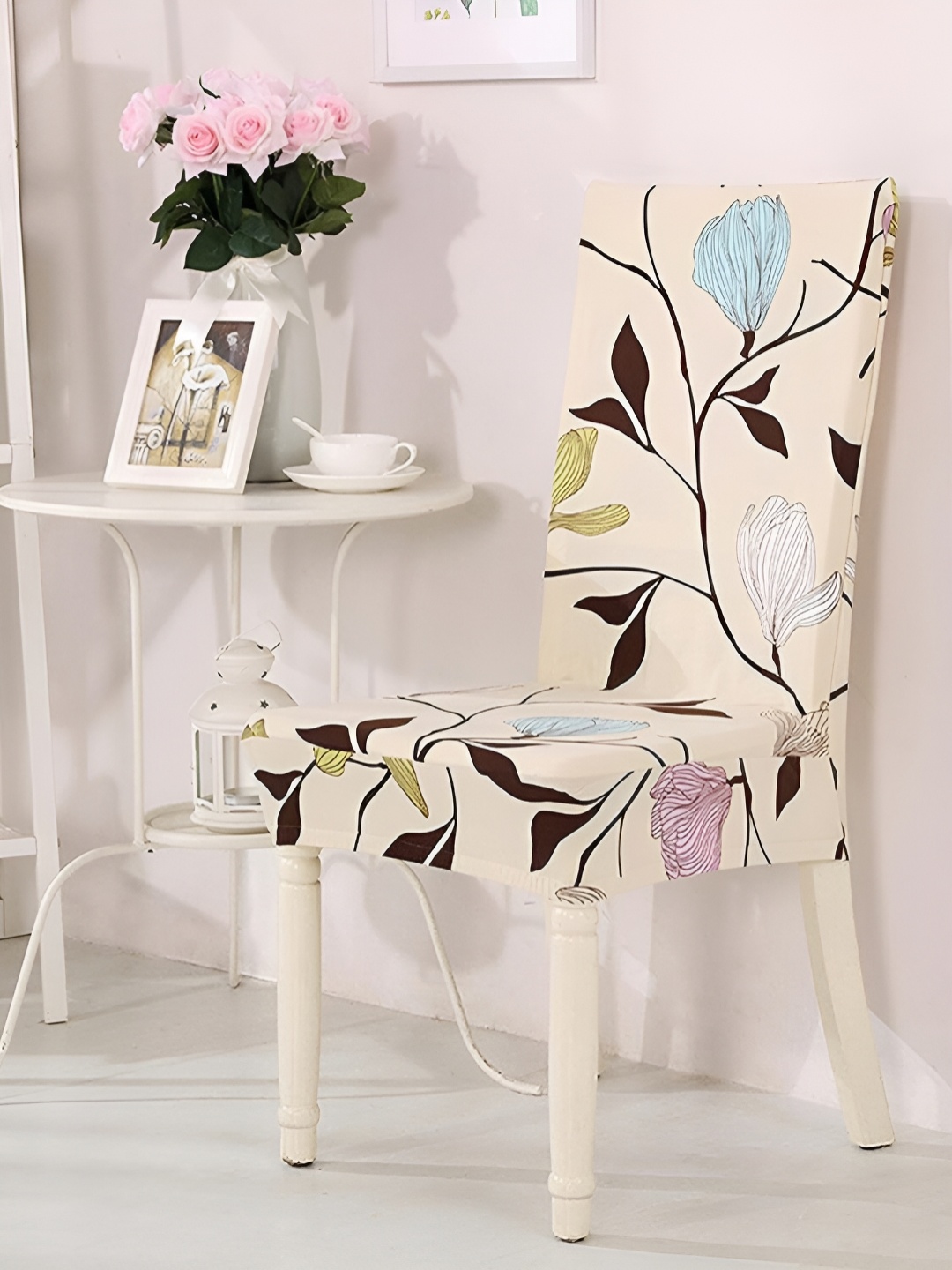 

HOUSE OF QUIRK Cream Colored & Brown Printed Stretchable Chair Cover