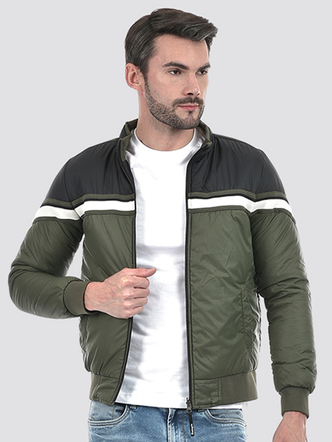 

Integriti Men Colourblocked without Reversible Crop Bomber with Patchwork Jacket, Green