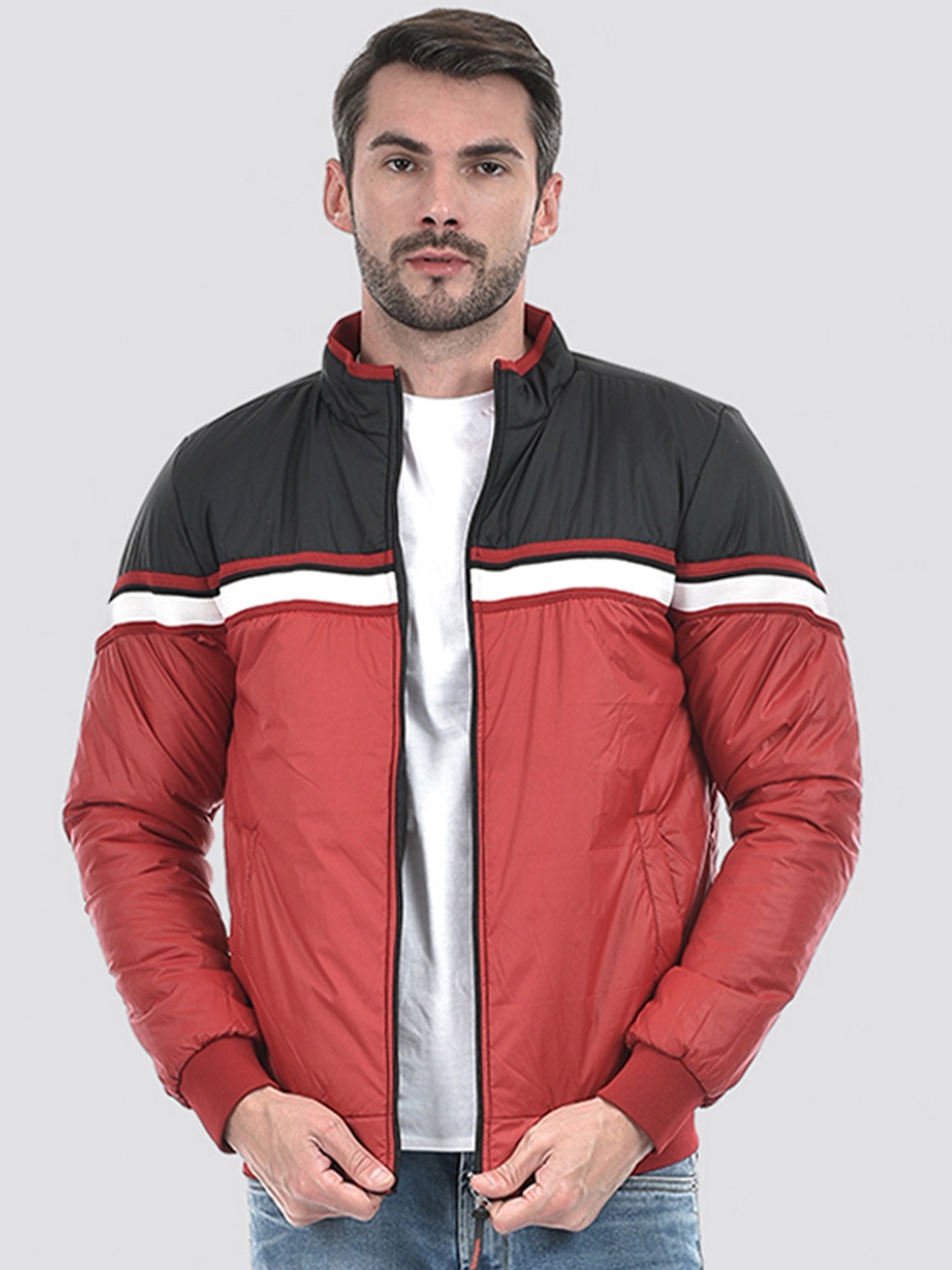 

Integriti Men Floral Striped without Reversible Open Front Jacket with Patchwork, Red