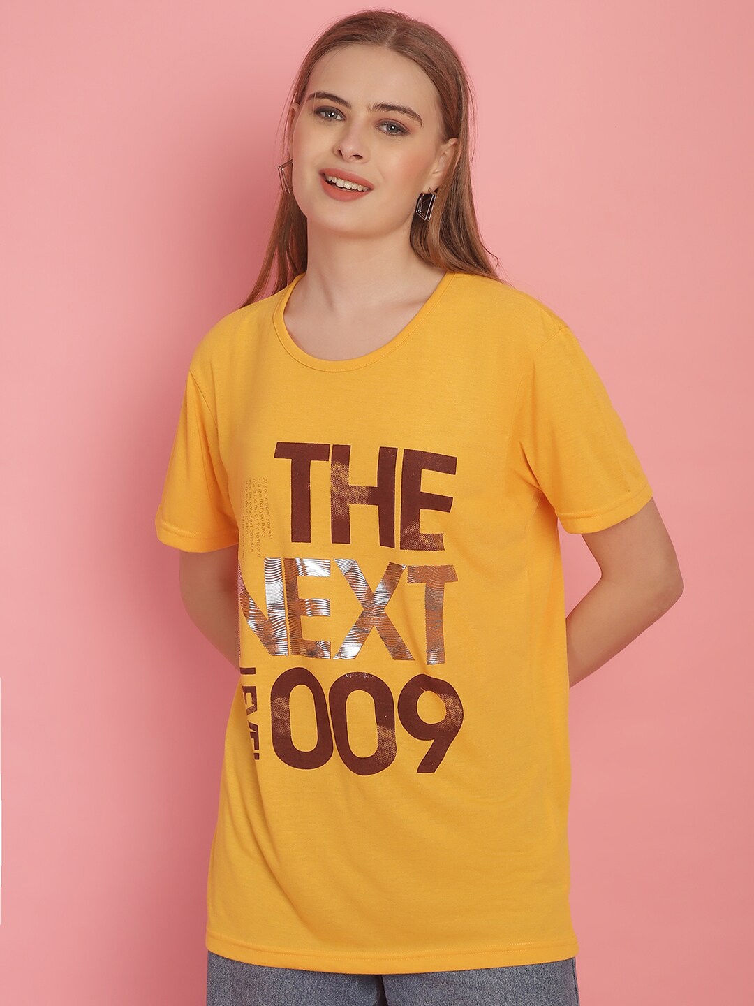 

MACK JONNEY Women Typography Printed Cotton T-shirt, Yellow