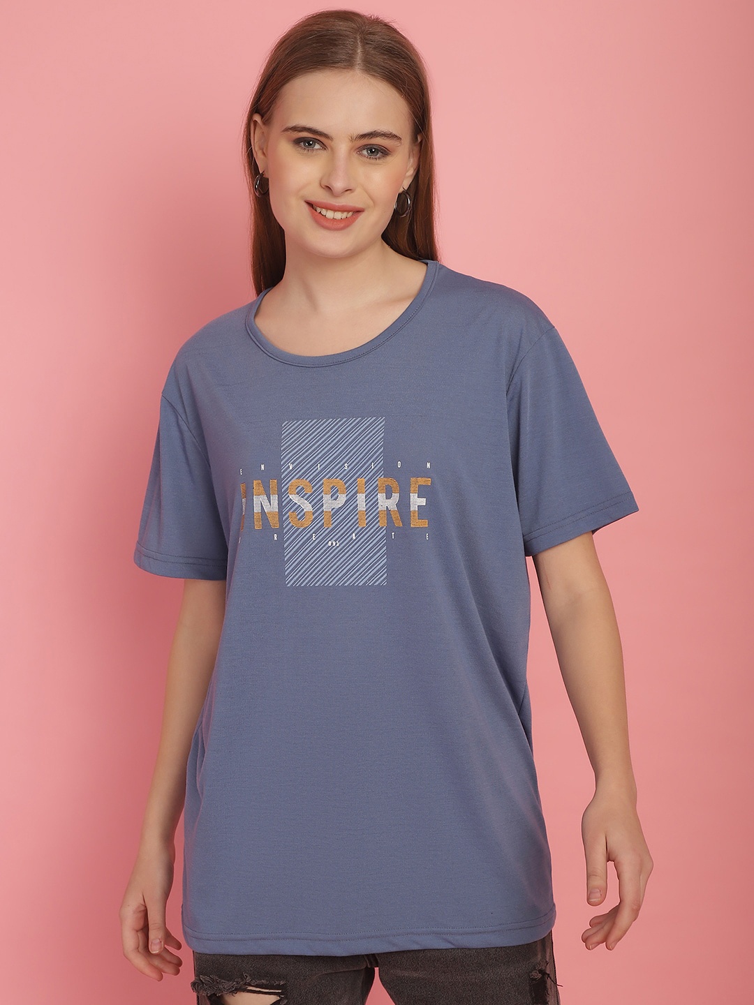 

MACK JONNEY Women Typography Printed Cotton T-shirt, Grey