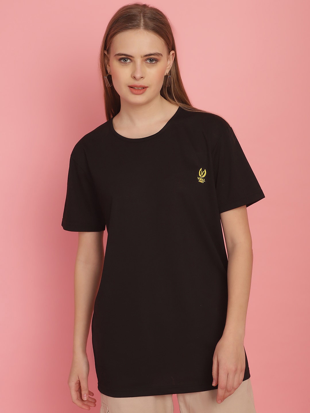 

MACK JONNEY Women Solid Drop-Shoulder Sleeves Cotton Oversized T-shirt, Black