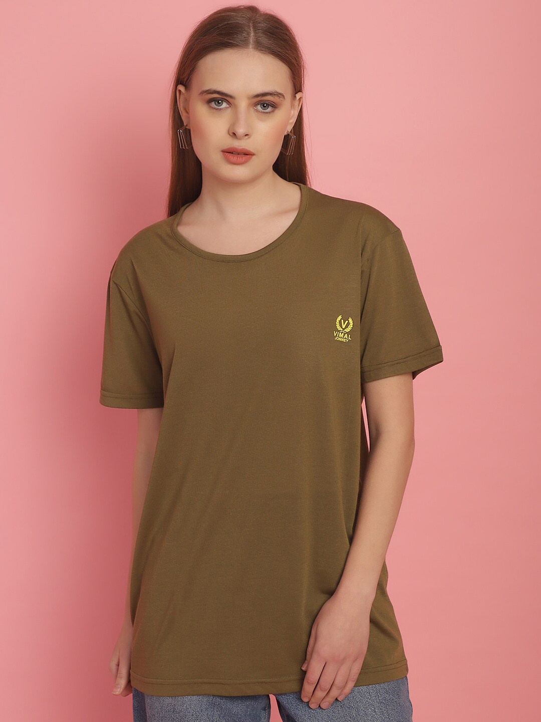 

MACK JONNEY Women Solid Cotton T-shirt, Olive