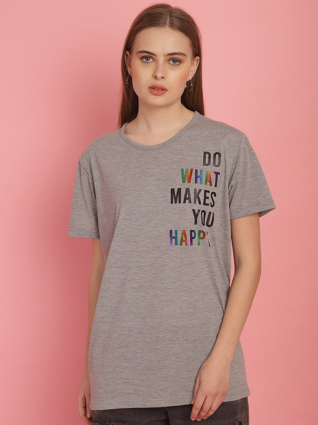 

MACK JONNEY Women Printed Drop-Shoulder Sleeves Cotton Oversized T-shirt, Grey