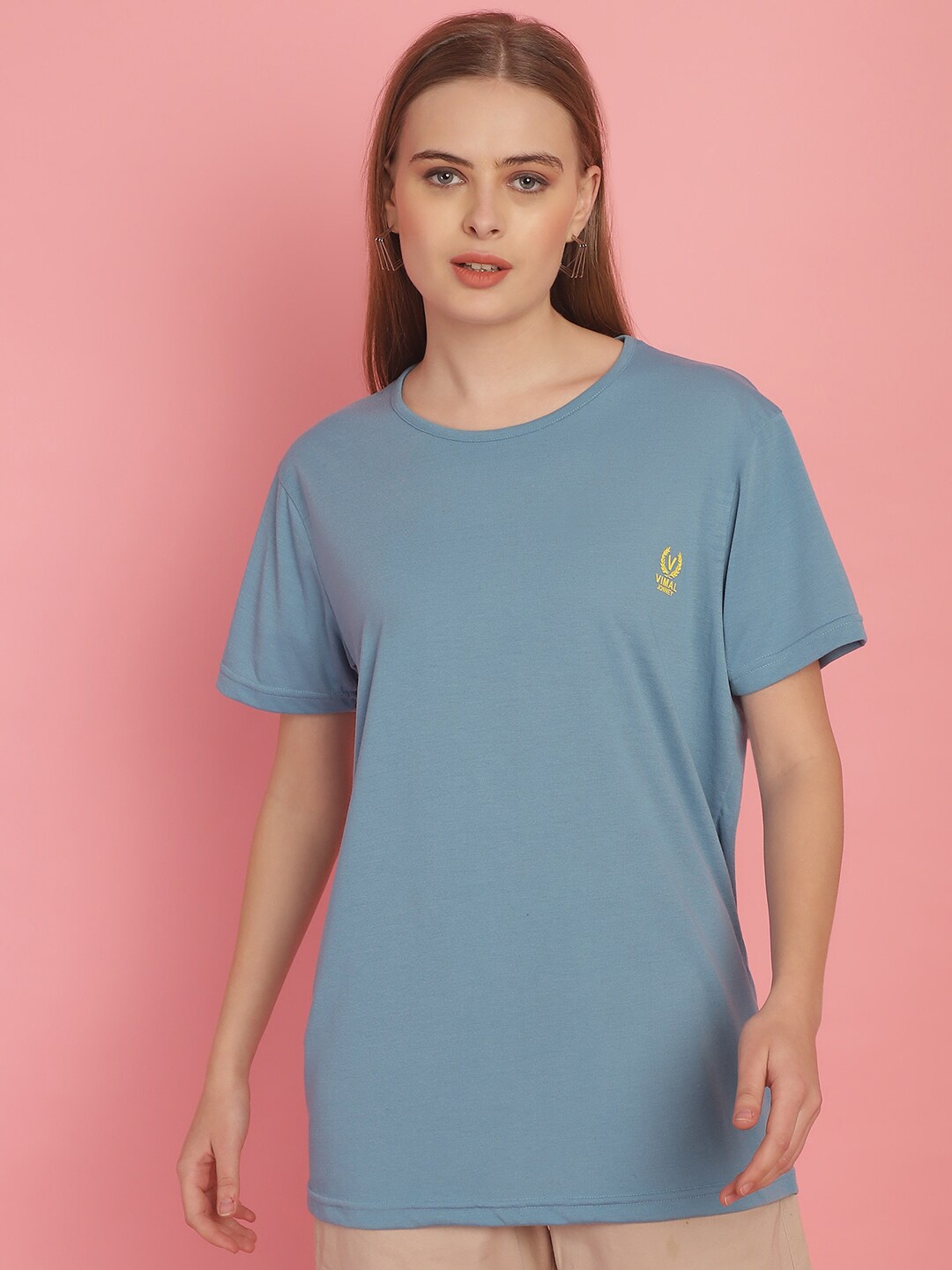 

MACK JONNEY Women Solid Drop-Shoulder Sleeves Oversized Cotton T-shirt, Blue