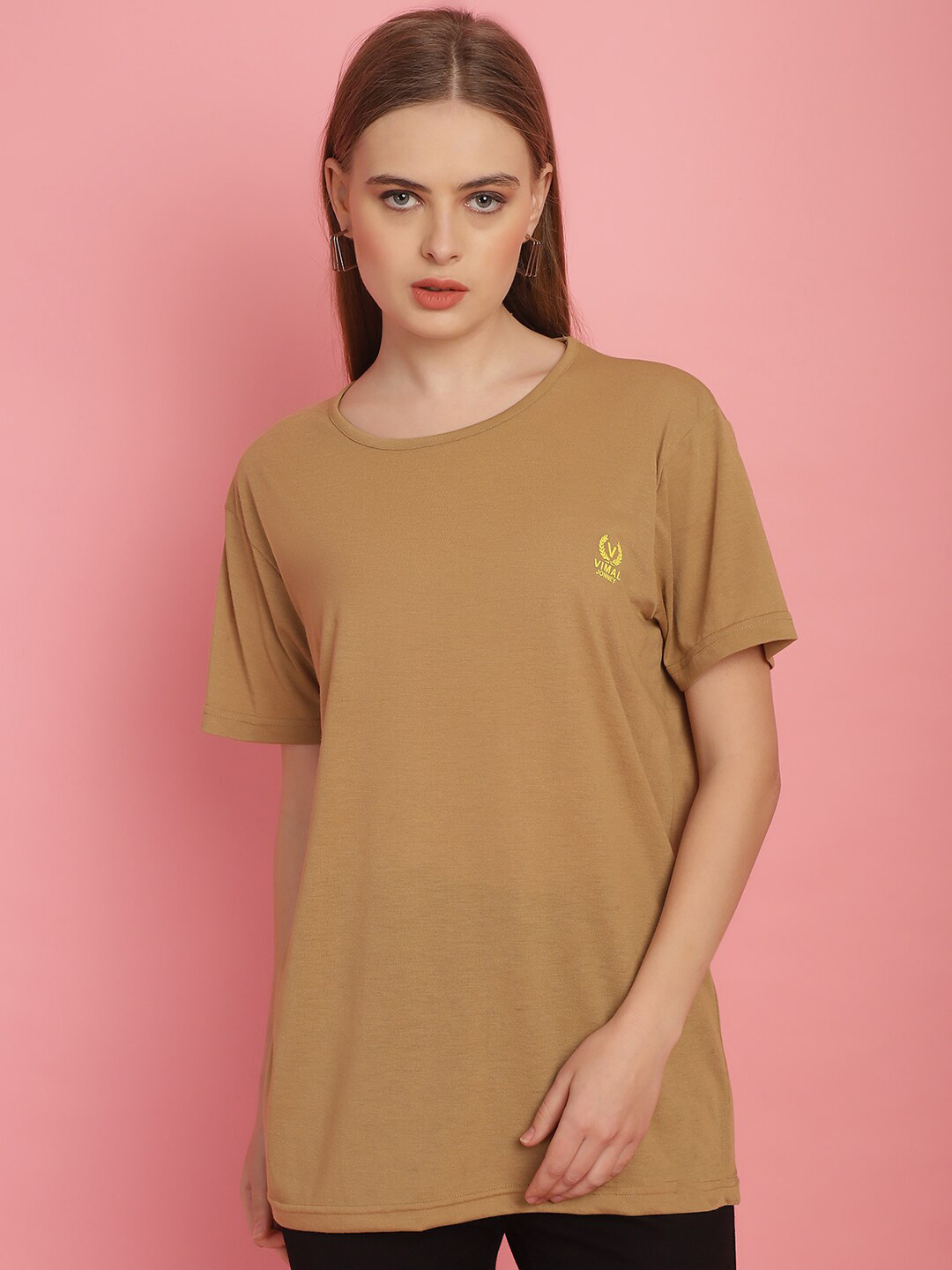 

MACK JONNEY Women Solid Drop-Shoulder Sleeves Oversized Cotton T-shirt, Beige
