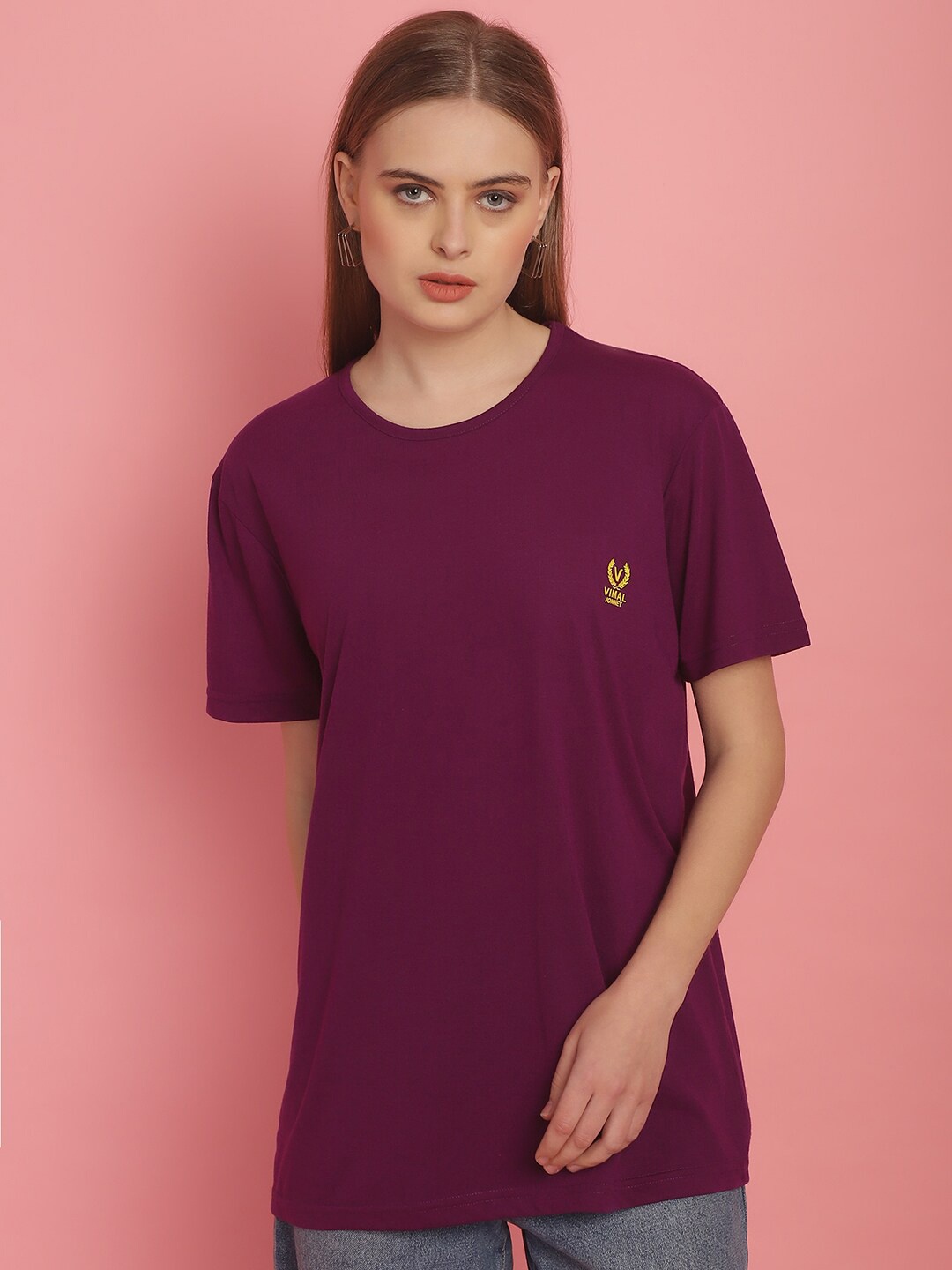 

MACK JONNEY Women Solid Cotton T-shirt, Purple