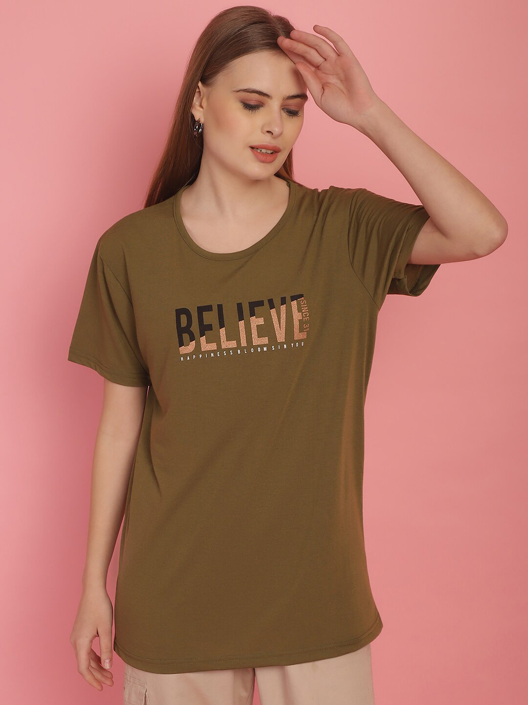 

MACK JONNEY Women Typography Printed Drop-Shoulder Sleeves Oversized Cotton T-shirt, Olive