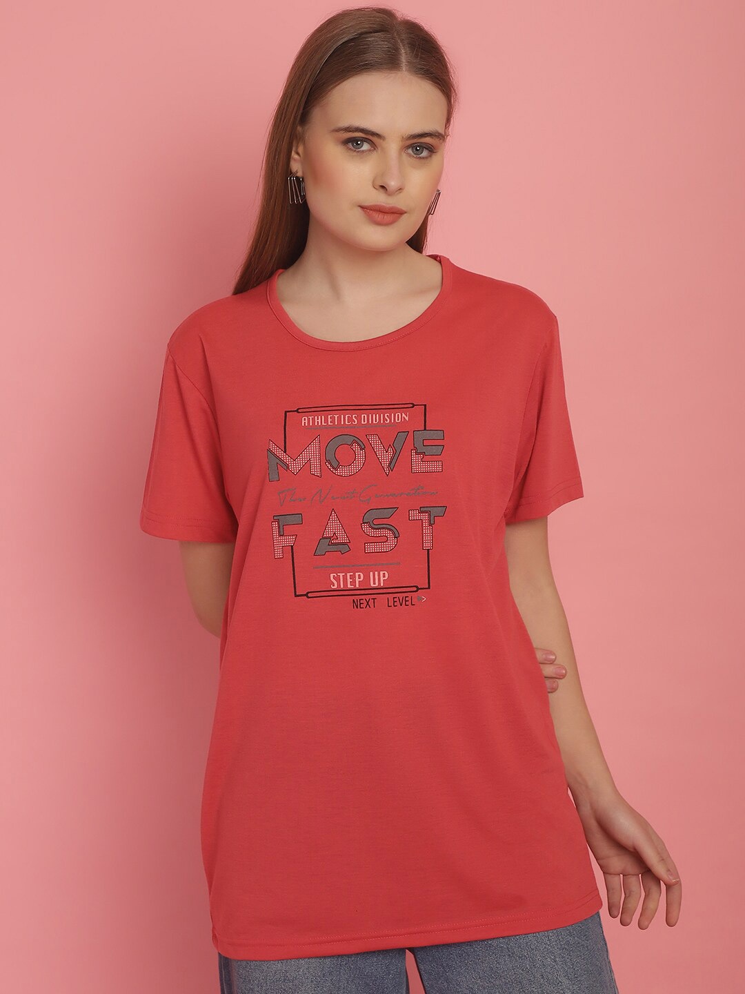 

MACK JONNEY Women Typography Printed Drop-Shoulder Sleeves Oversized Cotton T-shirt, Pink