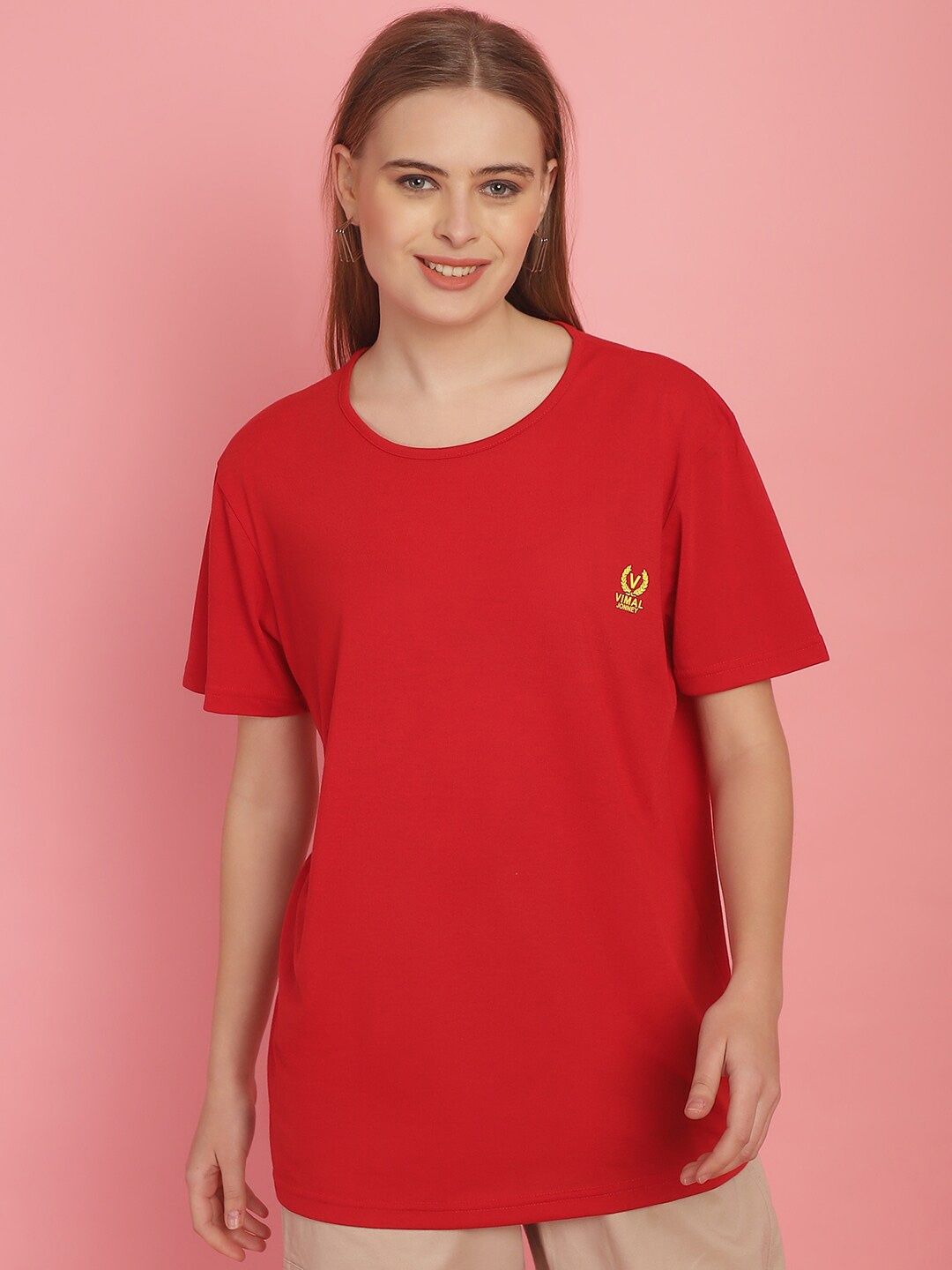 

MACK JONNEY Women Solid Drop-Shoulder Sleeves Oversized Cotton T-shirt, Red