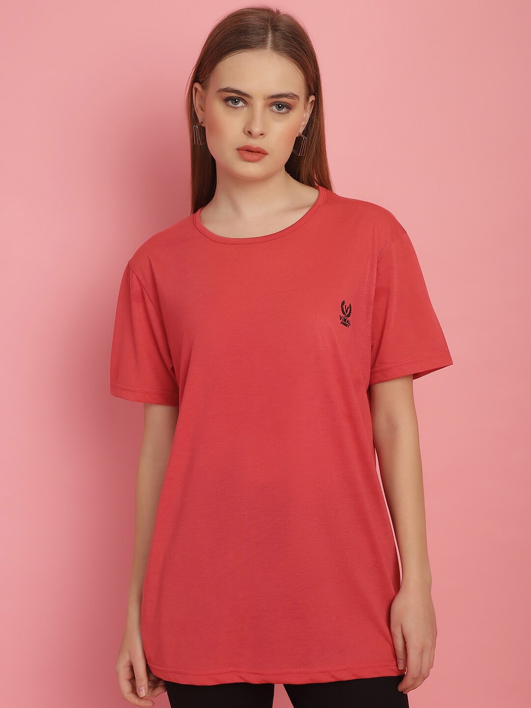 

VIMAL JONNEY Women Solid Drop-Shoulder Sleeves Oversized Cotton T-shirt, Pink