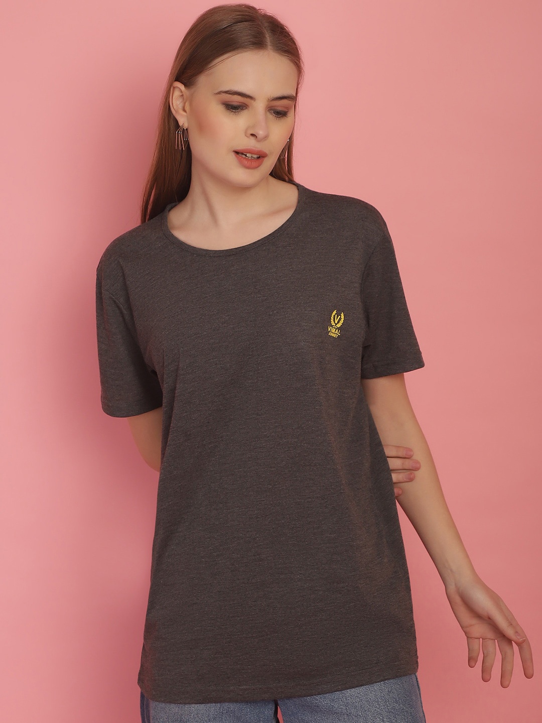 

MACK JONNEY Women Solid Drop-Shoulder Sleeves Oversized Cotton T-shirt, Grey