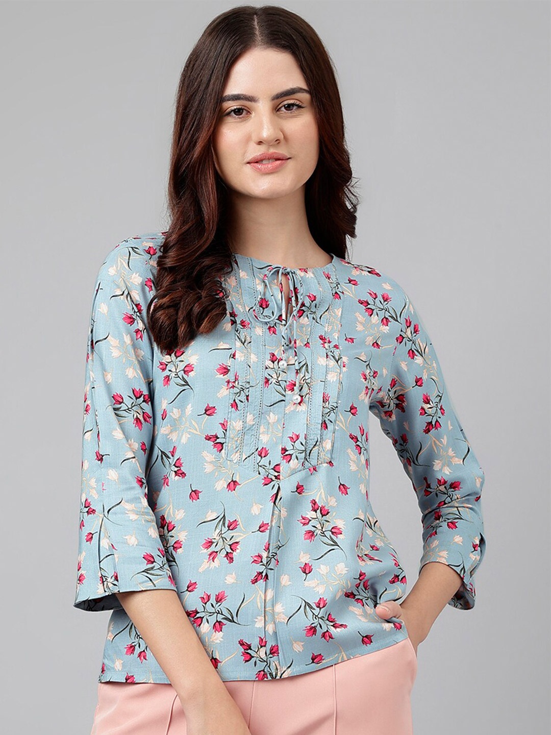 

Latin Quarters Floral Printed Tie-Up Neck Blouson Top, Blue