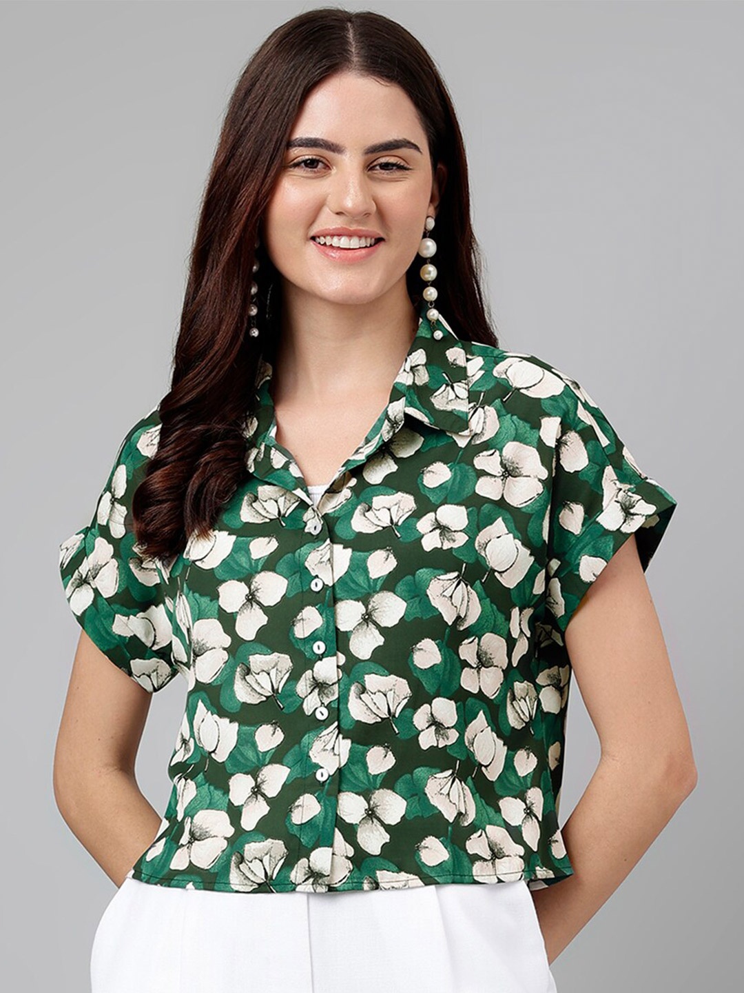 

Latin Quarters Floral Printed Shirt Collar Extended Sleeves Shirt Style Top, Green