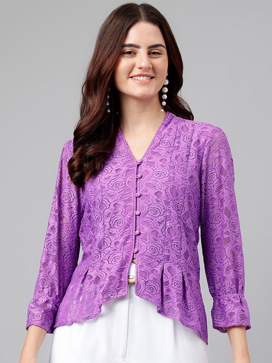 

Latin Quarters Self Design Printed V-Neck Top, Lavender