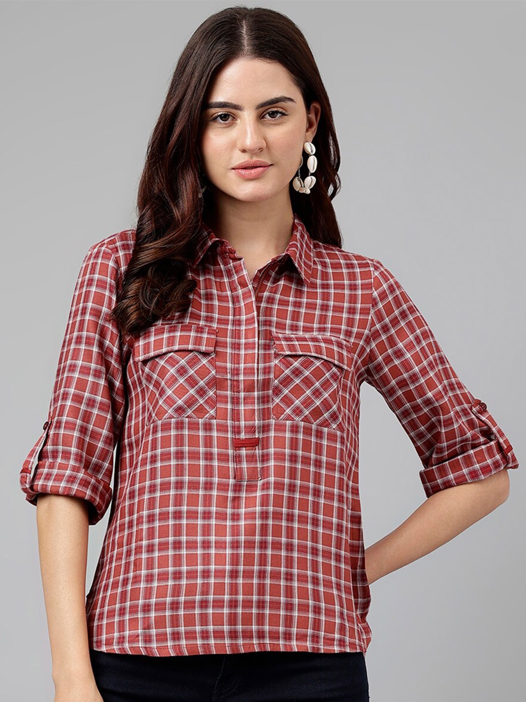 

Latin Quarters Checked Shirt Collar Roll-Up Sleeves Shirt Style Top, Rust