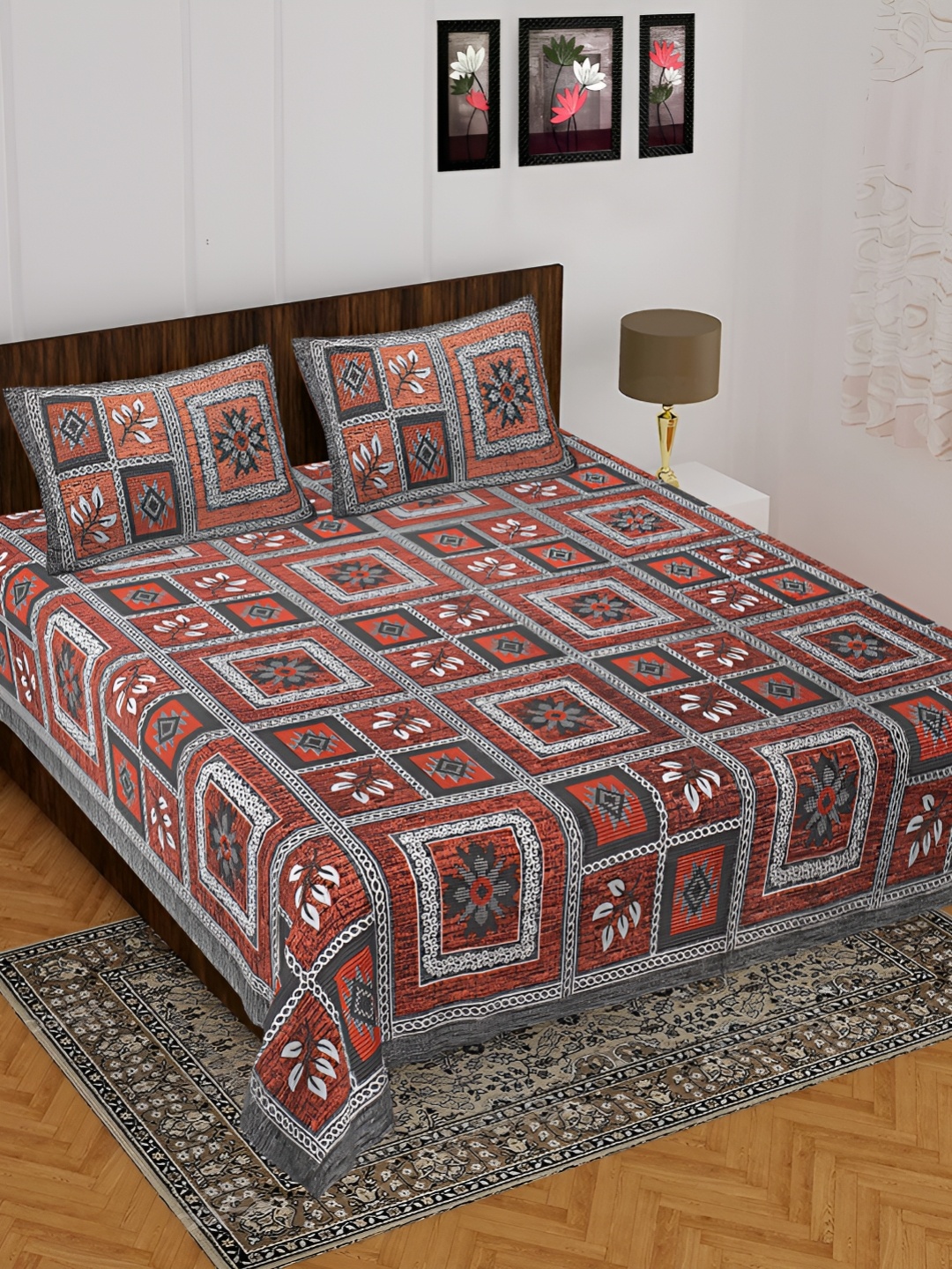 

UNIBLISS Grey & Orange Ethnic Motifs 144 TC Cotton Queen Bedsheet with 2 Pillow Covers