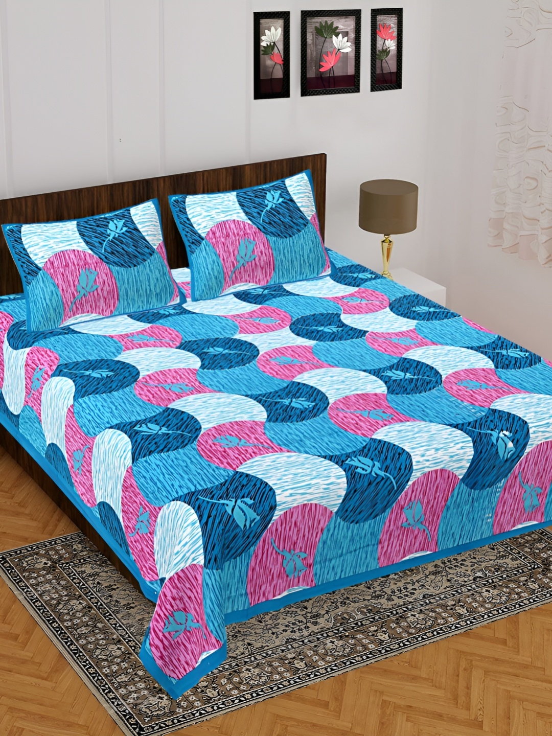 

UNIBLISS Blue & Pink Floral 144 TC Cotton Queen Bedsheet with 2 Pillow Covers