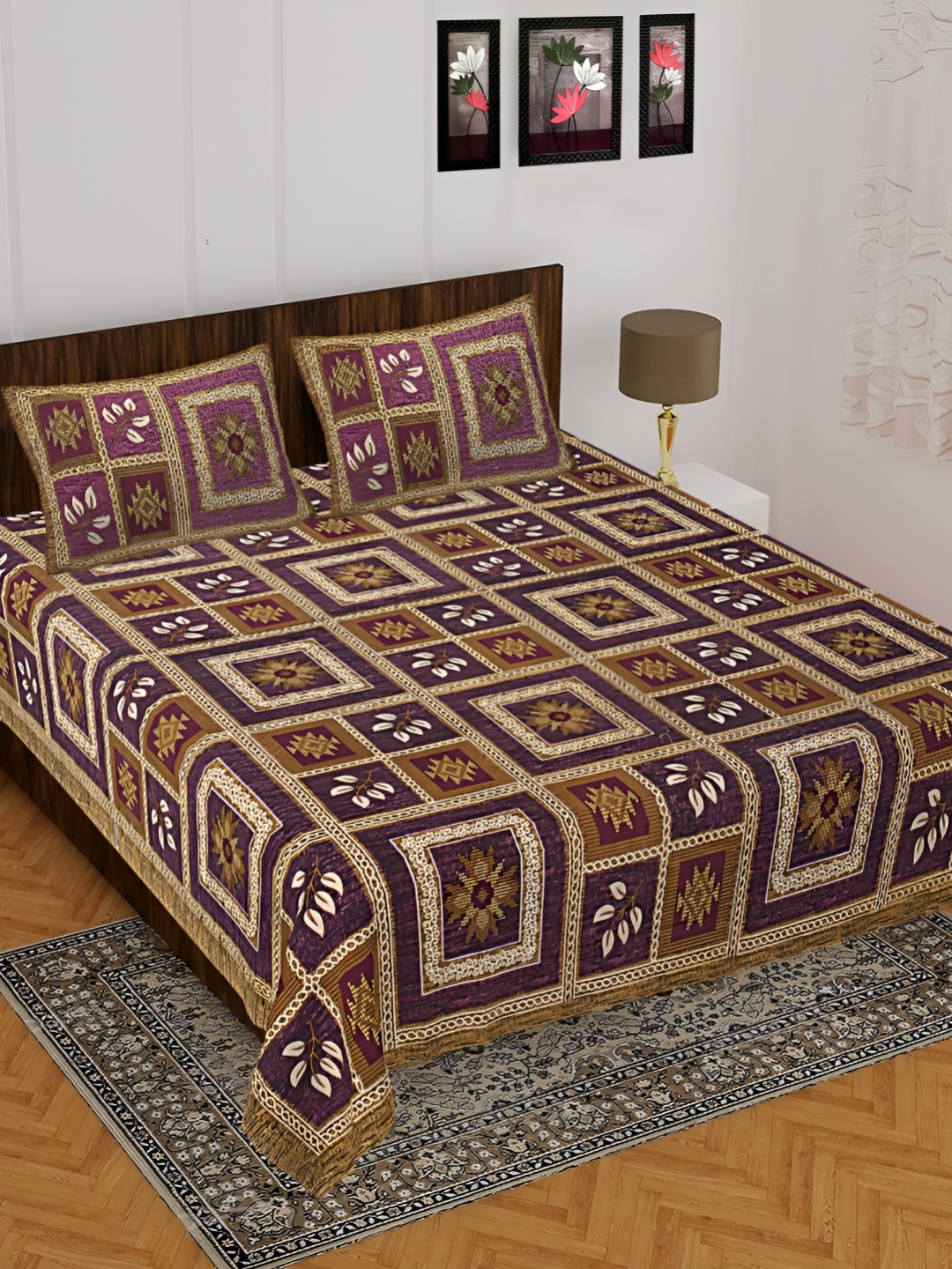 

UNIBLISS Brown & Purple Ethnic Motifs 144 TC Cotton Queen Bedsheet with 2 Pillow Covers