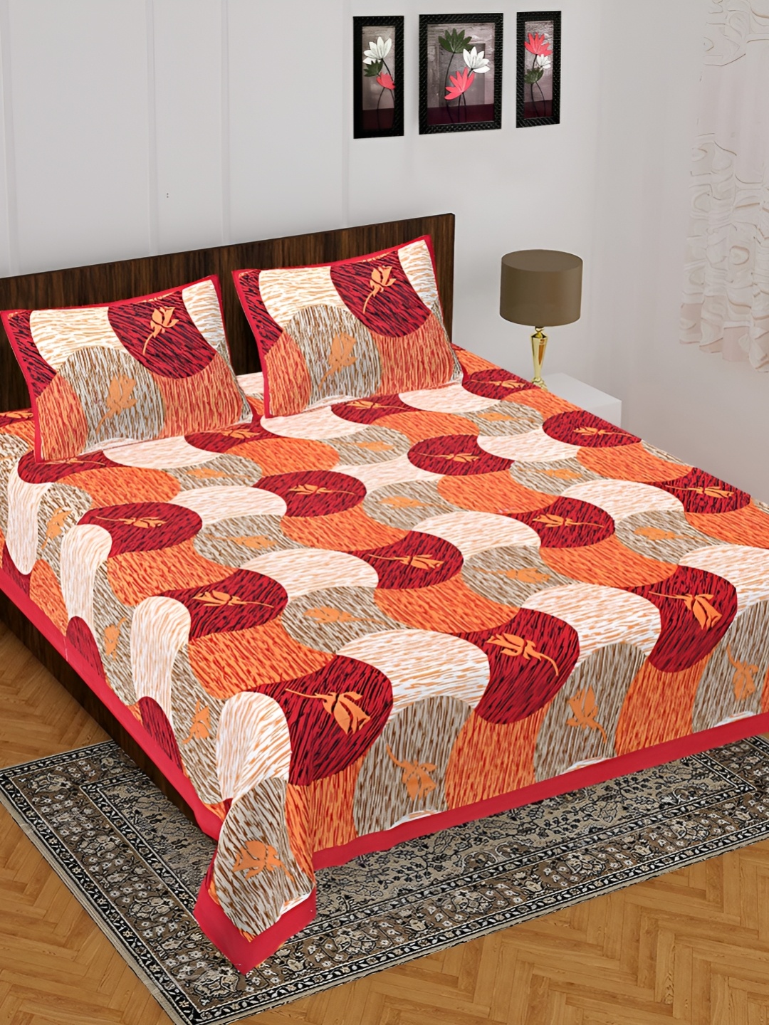 

UNIBLISS Red & Off White Floral 144 TC Cotton Queen Bedsheet with 2 Pillow Covers