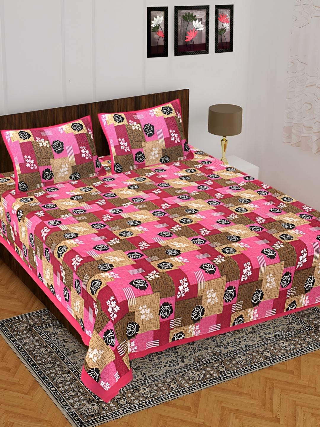 

UNIBLISS Pink & Brown Floral 144 TC Cotton Queen Bedsheet with 2 Pillow Covers