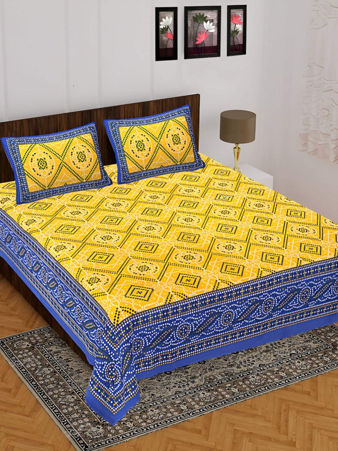 

UNIBLISS Blue & Yellow Ethnic Motifs 144 TC Cotton Queen Bedsheet with 2 Pillow Covers