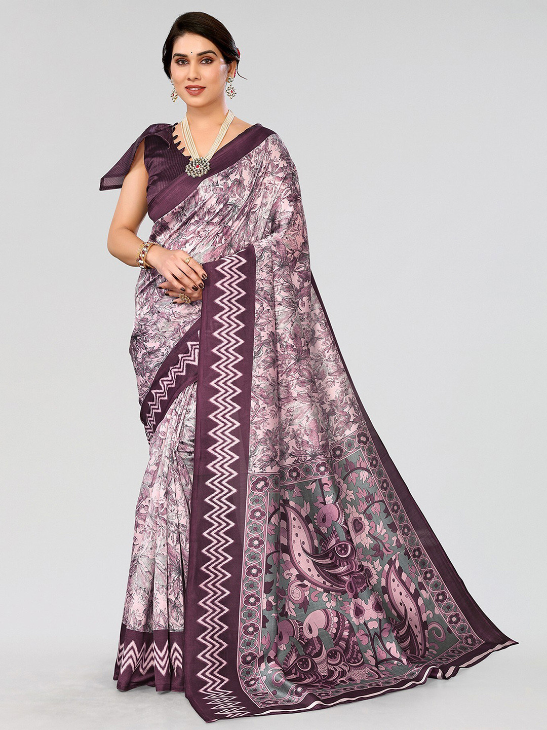 

Yashika Floral printed Mysore Silk Saree, Purple
