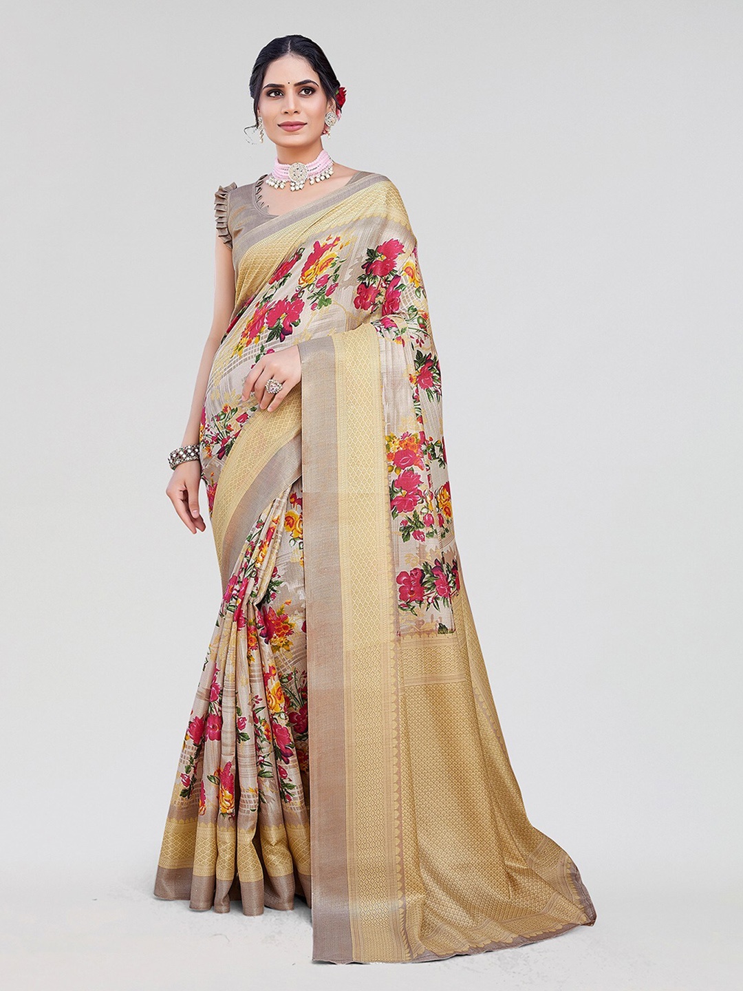 

Yashika Floral Printed Saree, Mustard
