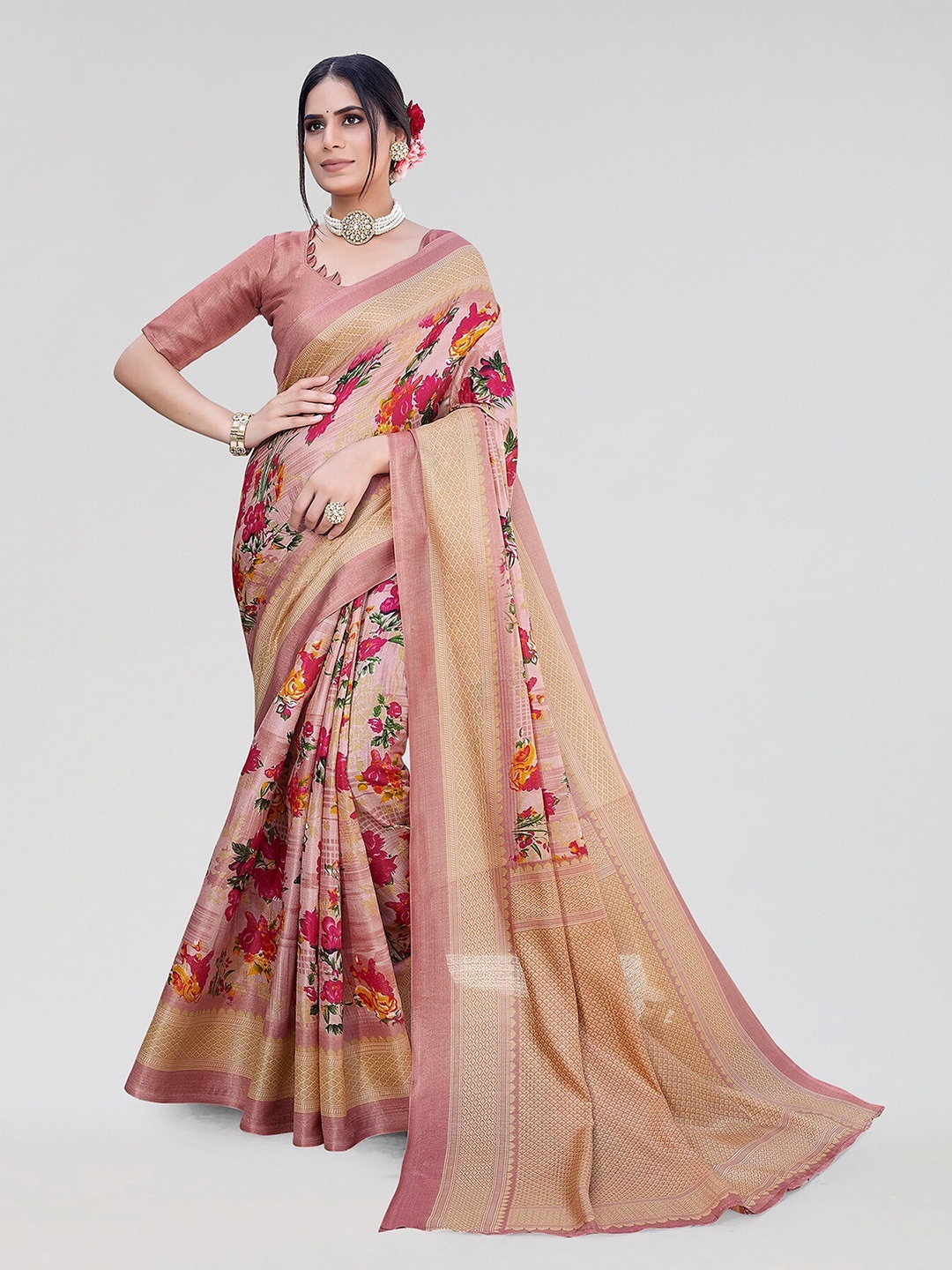 

Yashika Kalamkari Printed Zari Mysore Silk Saree, Peach