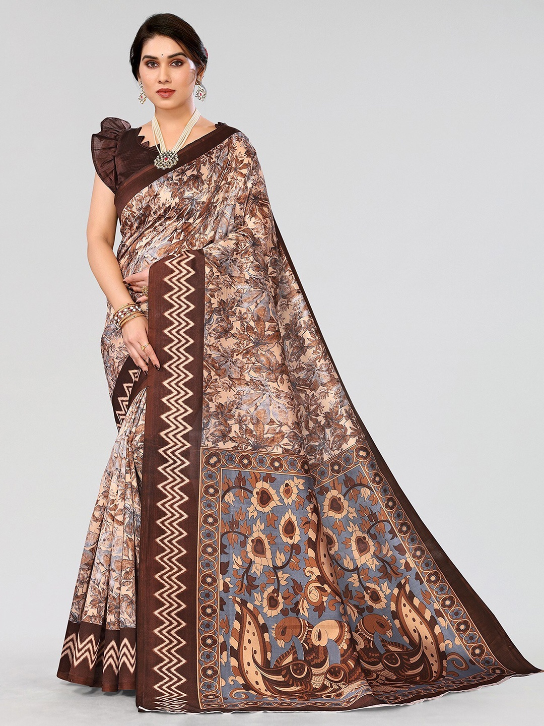 

Yashika Floral Printed Mysore Silk Saree, Brown