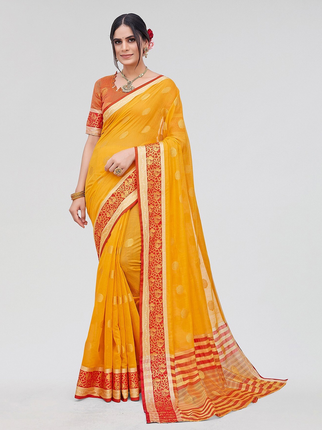 

Yashika Floral Printed Zari Leheriya Saree, Yellow