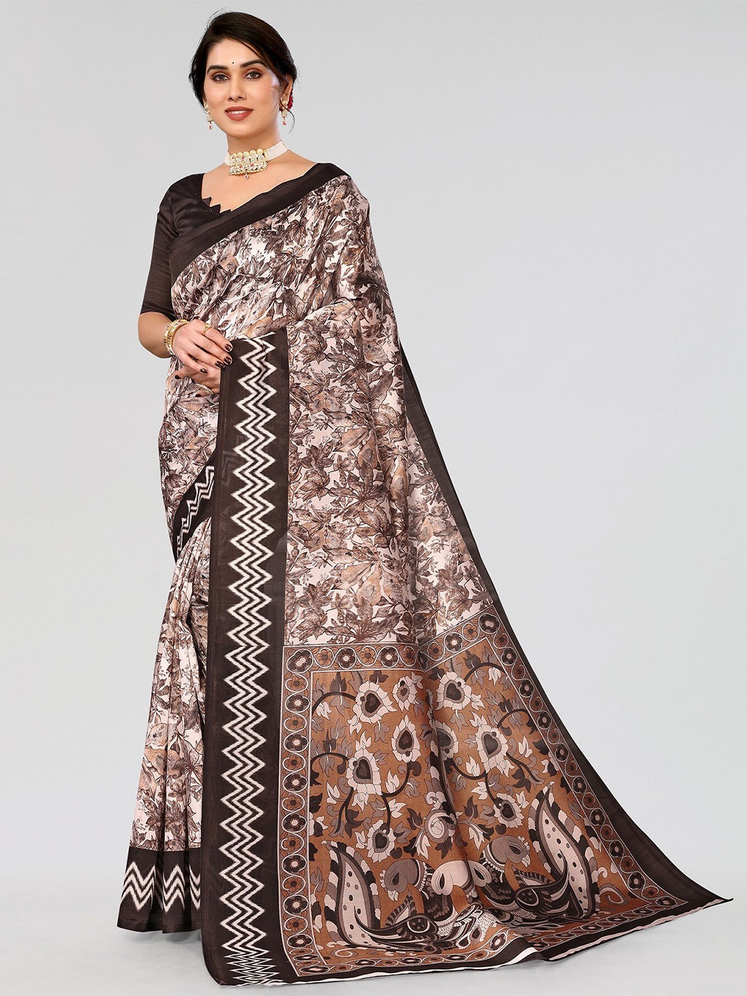 

Yashika Floral Printed Mysore Silk Saree, Brown