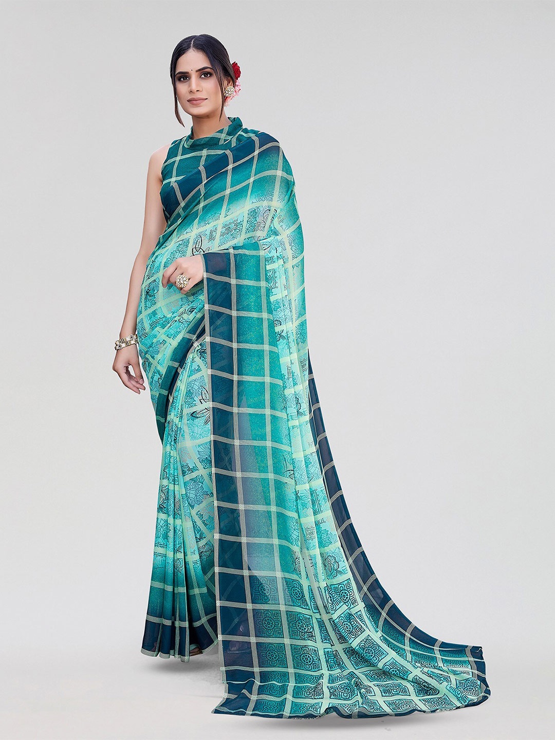 

Yashika Floral Printed Leheriya Saree, Teal