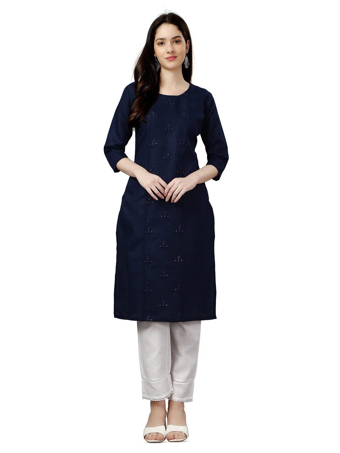 

WILNERCROWN Floral Embroidered Thread Work Pure Cotton Straight Kurta, Navy blue